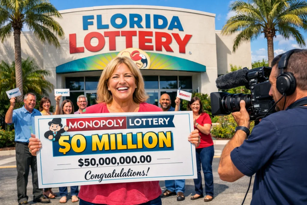 Lucky woman celebrating Monopoly lottery jackpot