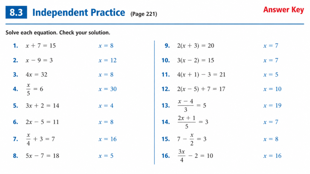 8.3 Independent Practice Page 221 Answer Key Step-by-Step Solutions